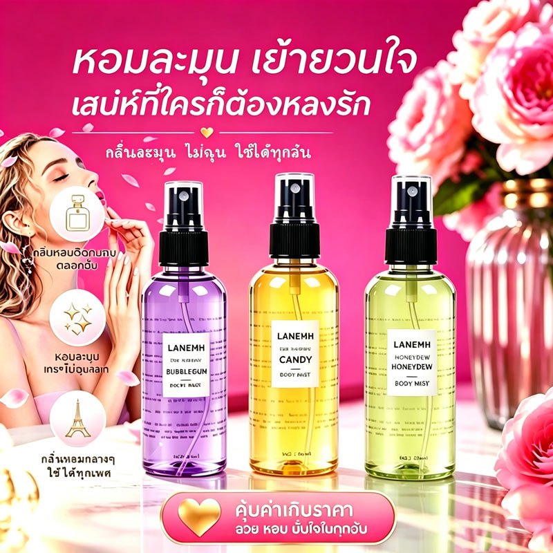 LANEMH น้ำหอมติดทนนาน 100 มล Perfumed Body Mist Women Men (Bubblegum /Candy/Honeydew ) ไม่ผสมแอลกอฮอล์ น้ำหอม Unisex