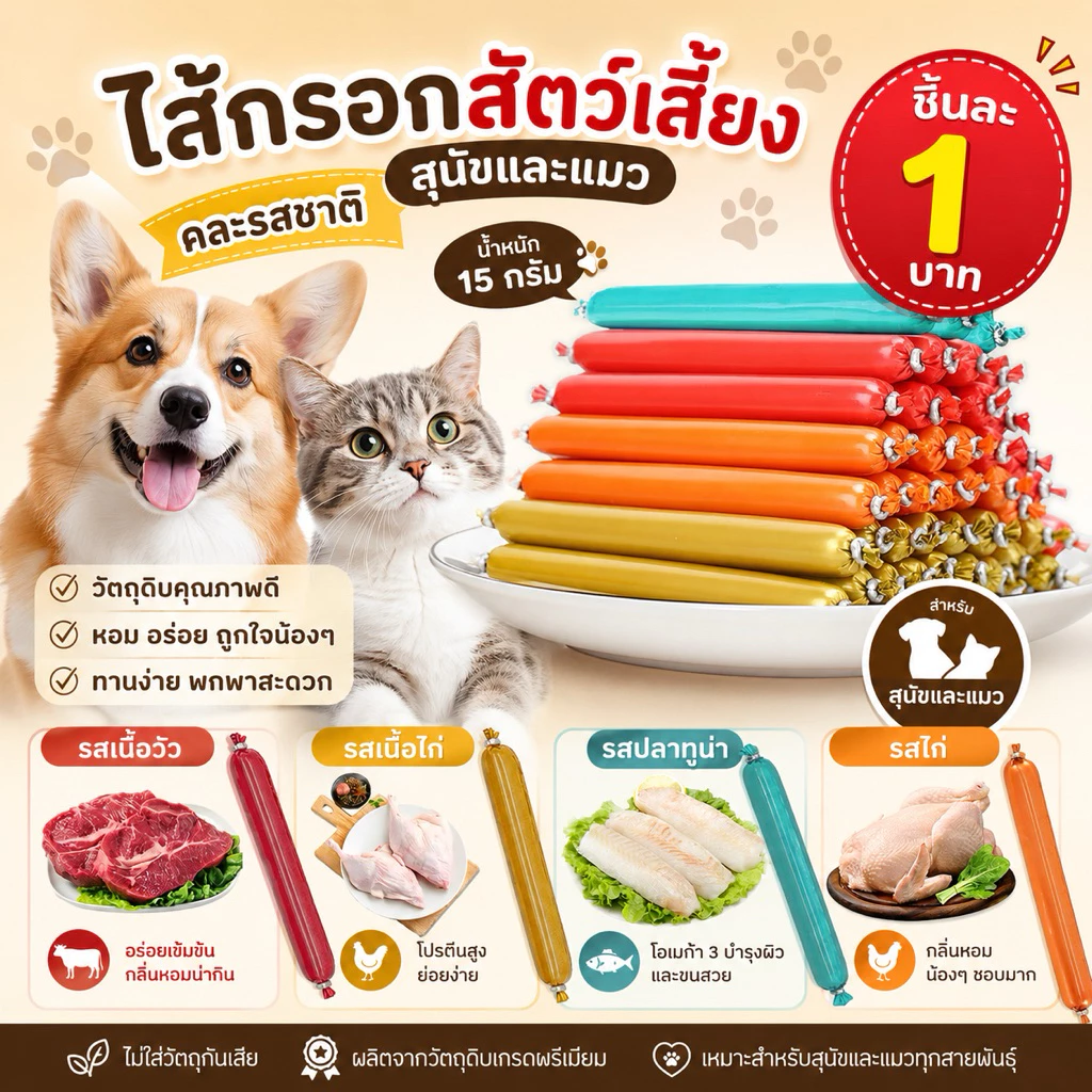 ⚡️F ไส้กรอกสัตว์เลี้ยงสุนัขและแมว 15g คละ 4 รสชาติ ชิ้นละ 1 บาท (สูตรเกลือต่ำ) รหัส 012