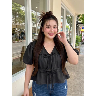 /BB/ เสื้อผูกโบว์หน้า ไซส์อก42-48 ทรงน่ารัก แขนพองมีมิติ 6สีสวย #สาวอวบอ้วน พลัสไซส์