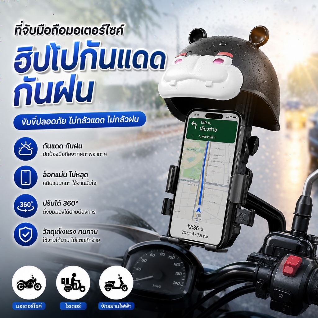 ที่จับมือถือมอเตอร์ไซค์ ติดก้านกระจก(มีหมวก) การฝนตก ปล่อย ช็อต ป้องกัน แสงแดด ที่วางโทรศัพท์มอเตอร์ไซด์ Grab