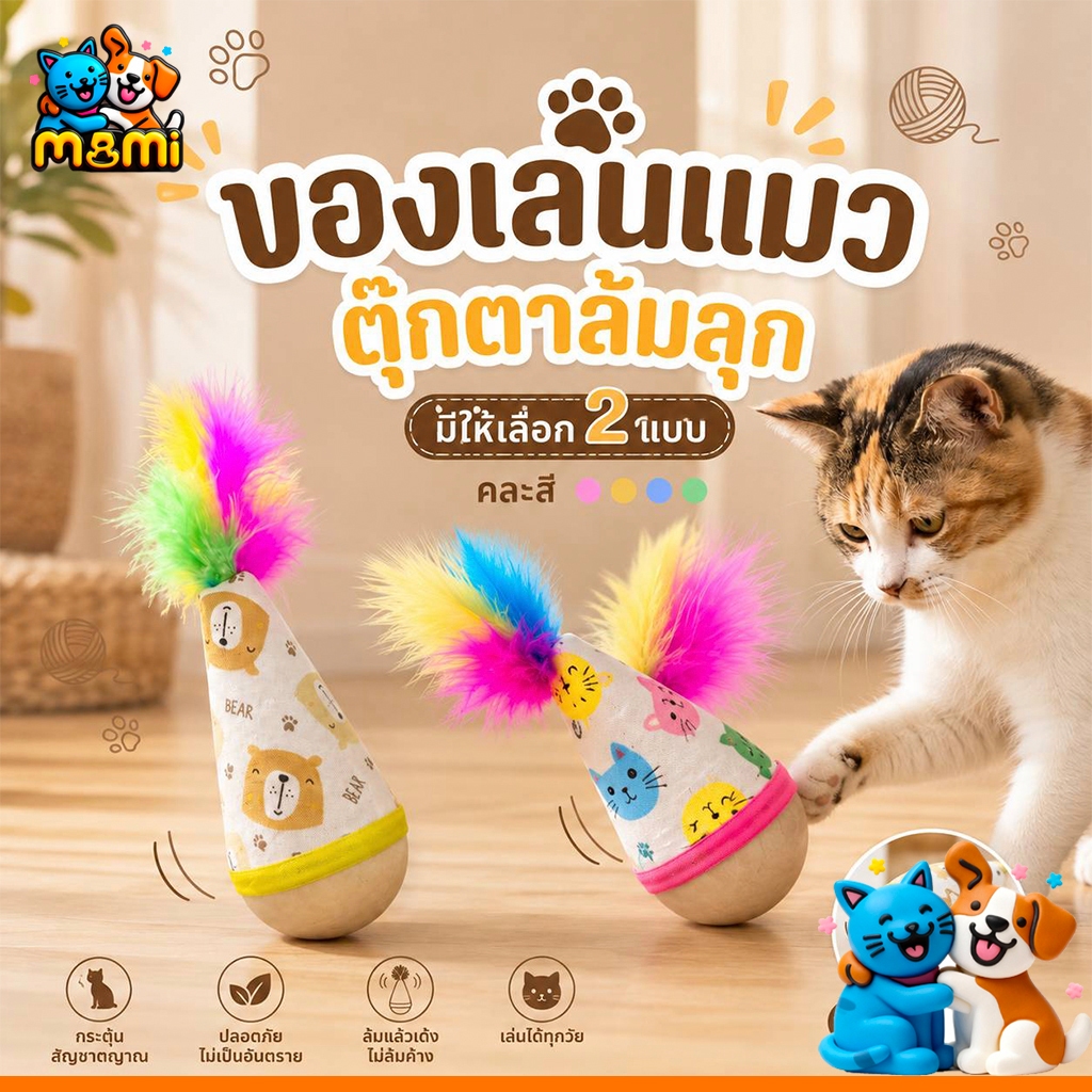 MI ✨ ตุ๊กตาล้มลุกแมว ของเล่นแมว กัดได้  ลูกบอลล้มลุก ฐานไม้ทนกัด Tumblertoy