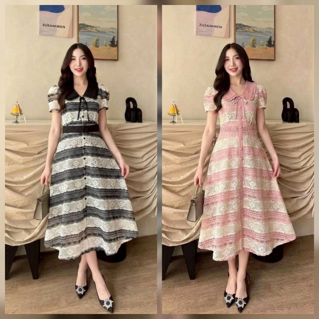 S32 ชมครีมมีS,M,L ดำมีS,M,L,XL,3xl[ปกติ]ยาว50"เดรสยาวลูกไม้ใส่ออกงานโทนชมพู