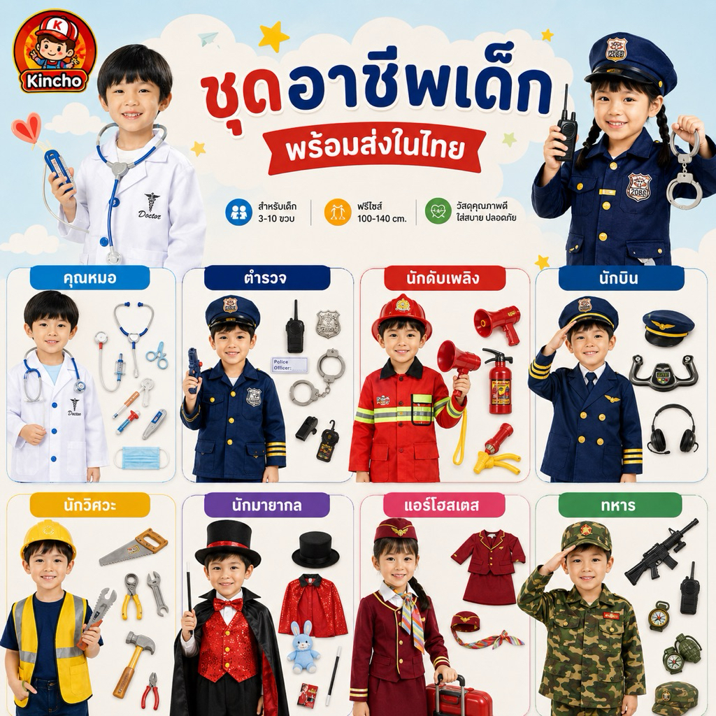 ชุดอาชีพเด็ก พร้อมส่งในไทย ชุดคุณหมอ ตำรวจ เชฟ นักบิน ทหาร วิศวกร แอร์โฮสเตส นักมายากล คอสเพลย์เด็ก