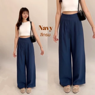 (Baggy Pants) ซิปข้าง กางเกงกระบอกใหญ่ แต่งจีบ ผ้าสโนว์สลาฟ ความยาว 41 นิ้ว