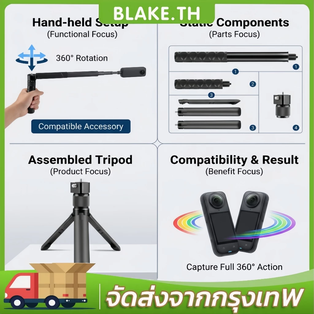 【COD】ไม้เซลฟี่ที่มองไม่เห็นสําหรับ Insta360 X5 / X4 Air / X4 / X3 ขาตั้งกล้องมือถือ Bullet Time RotaryHandle ขาตั้งกล้อง