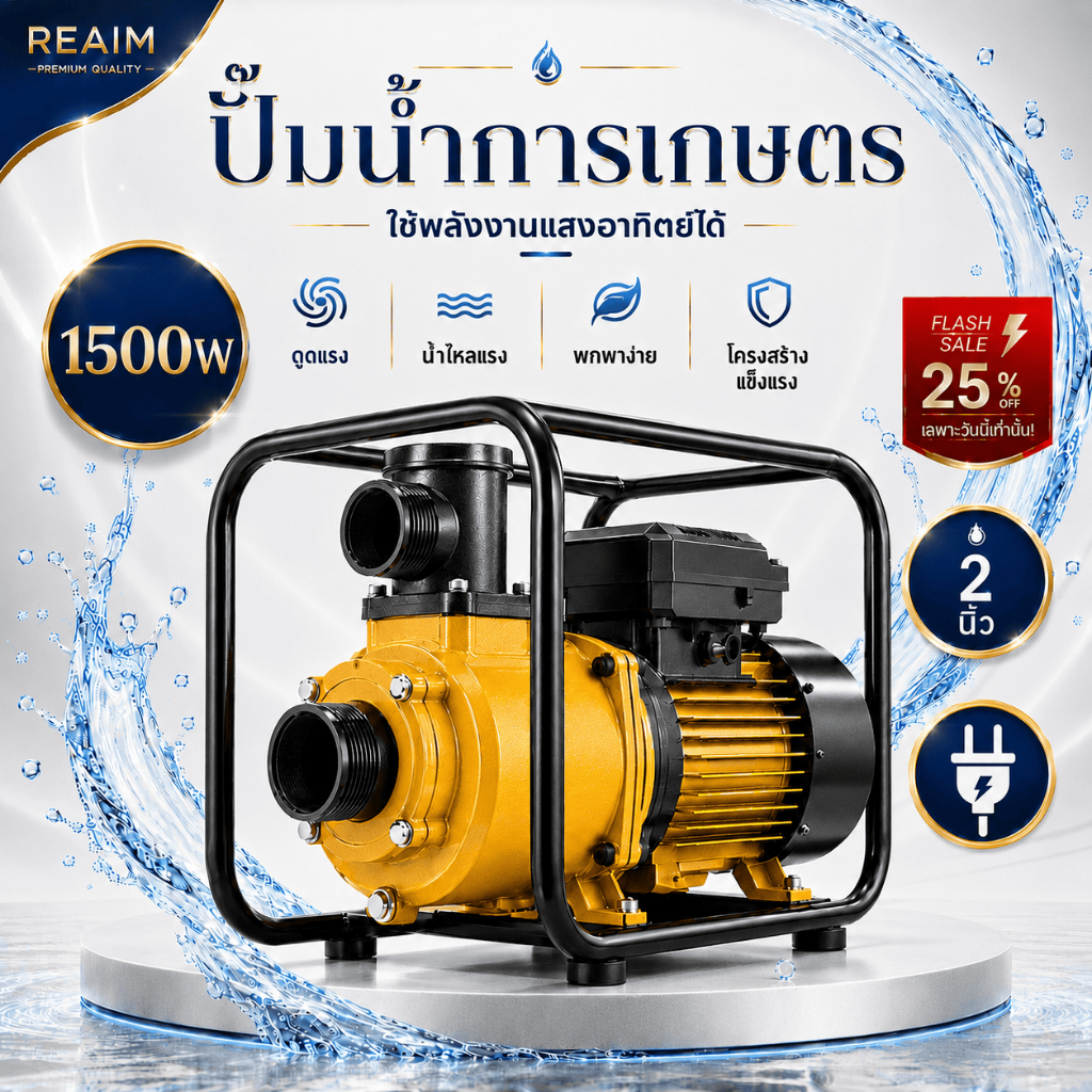 REAIM ปั๊มหอยโข่ง 1500W ปั๊มไฟฟ้า(220V)  ปั๊มน้ำเพื่อการเกษตร 2 แรงม้า มอเตอร์ทองแดงบริสุทธิ์