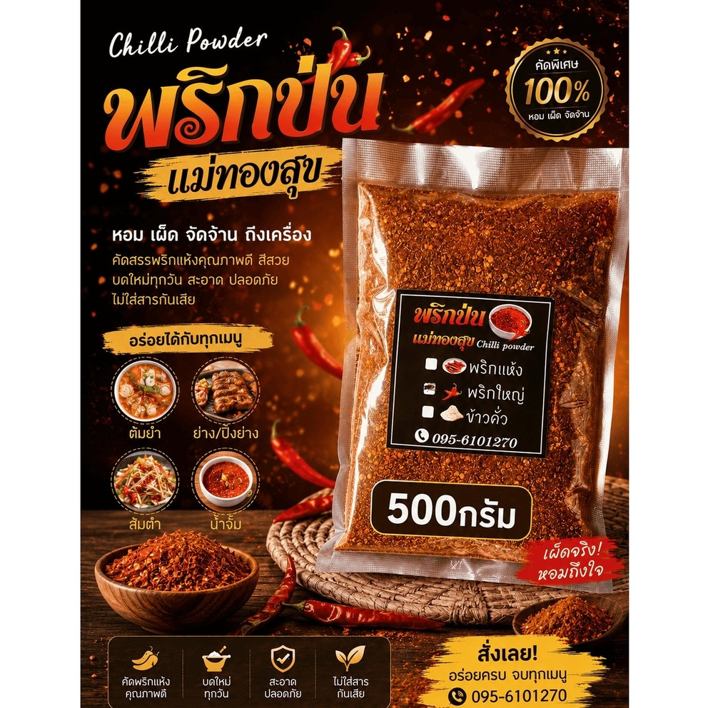 พริกป่น แม่ทองสุข ขนาด 500กรัม พริกป่นคั่วหอมจากพริกแห้งอินเดียแท้ๆ เผ็ดจัดจ้าน สีสวย กลิ่นหอมถึงเครื่อง