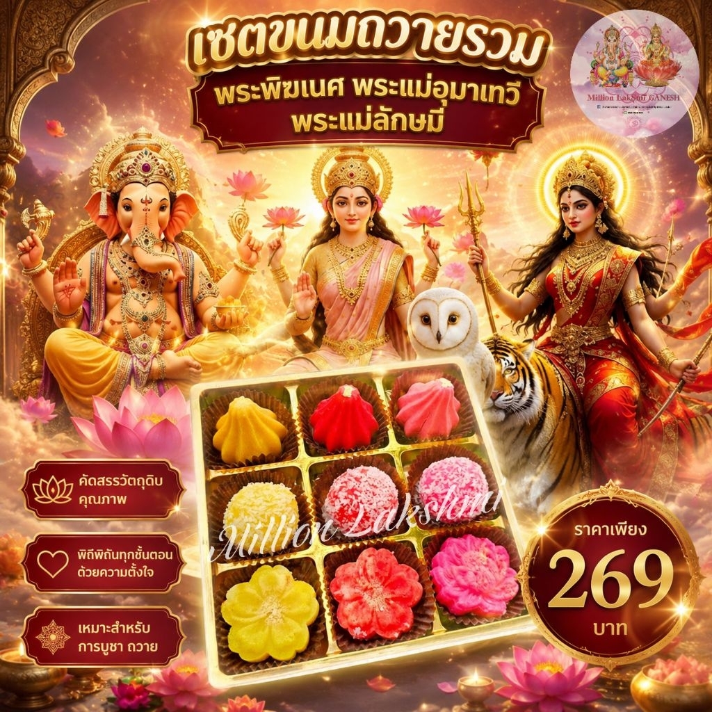 เซตขนมลาดูโมทกะ  คละสี ถวายพระพิฆเนศ พระแม่ลักษมี พระแม่อุมาเทวี