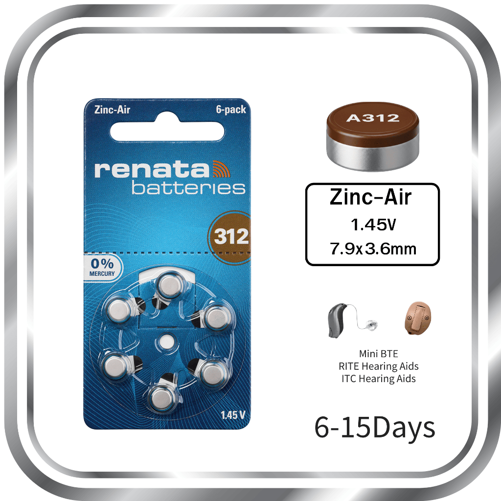 Renata ถ่านเครื่องช่วยฟัง เบอร์312 ZA312 PR41 ถ่านหูฟัง   ถ่านใส่เครื่องช่วยฟัง