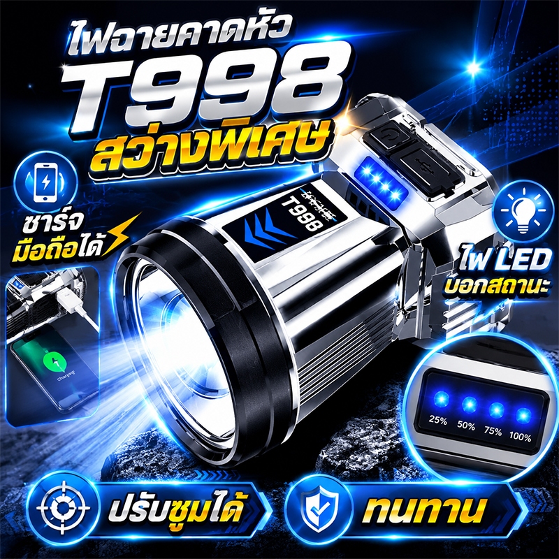 ไฟฉายคาดหัว LED สว่างแรงสุด ชาร์จ USB ได้ กันน้ำ กันตก ทนทาน สำหรับตกปลา แคมป์ กลางแจ้ง ระยะแสงไกล ใช้งานได้นาน