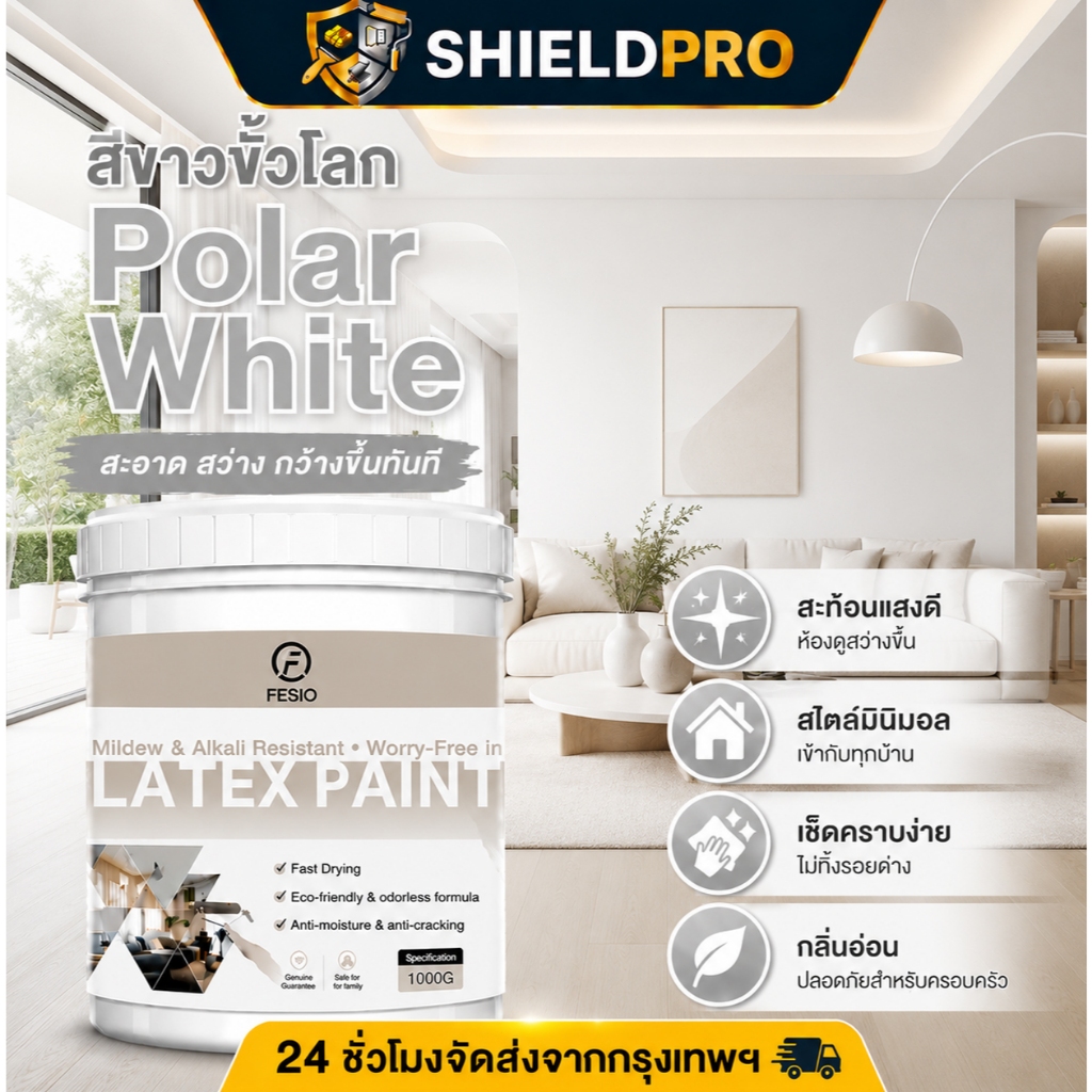 ShieldPro สีทาบ้านภายใน สีขาวโพลาร์ White เกรดพรีเมียม (1L) กลบมิดดีเยี่ยม สำหรับซ่อมแซมสีผนังเก่า ห้องนอน ห้องนั่งเล่น