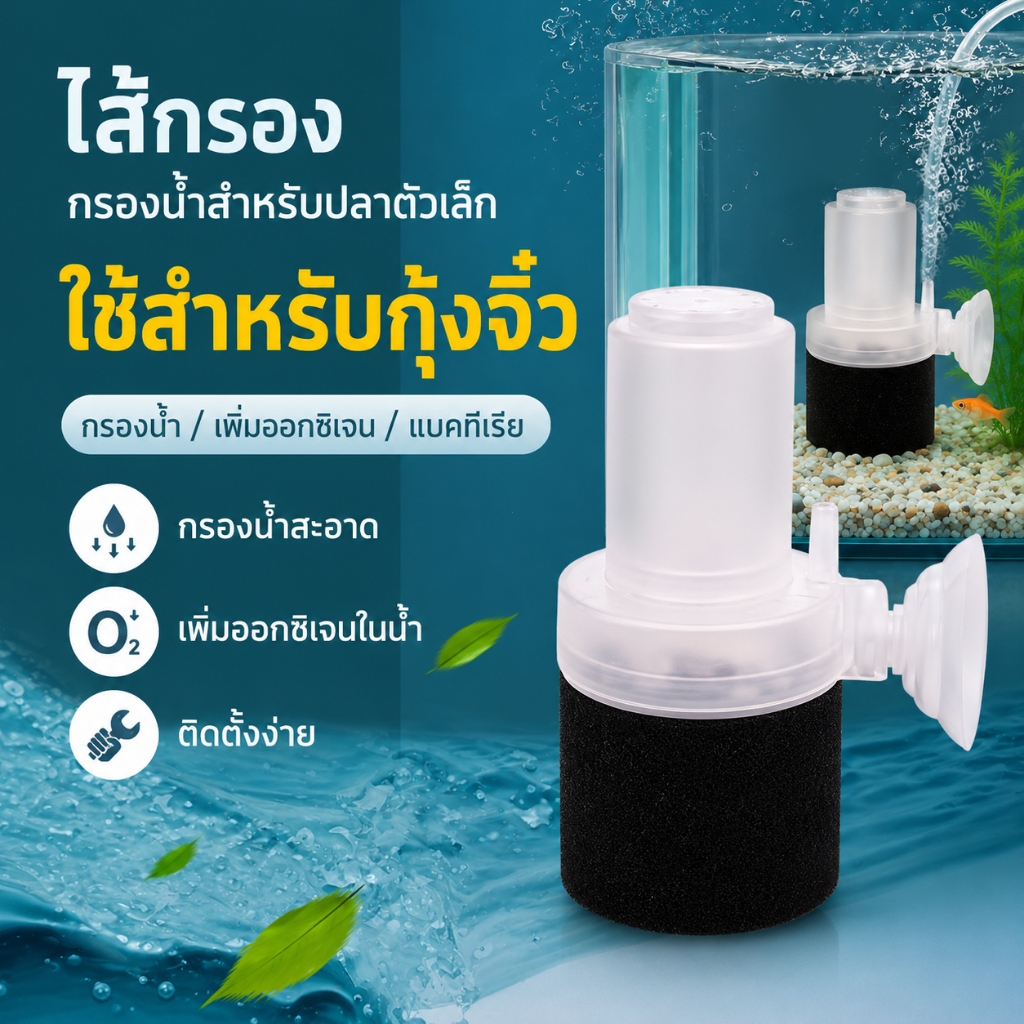 เครื่องกรองน้ำตู้ปลาแบบฟองน้ำ เพิ่มอากาศ ใช้งานเงียบ น้ำใส ปลาแข็งแรง เหมาะสำหรับตู้ปลาเล็ก