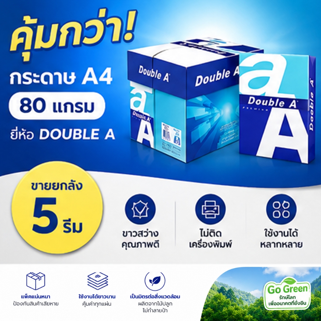 -ส่งฟรี- กระดาษ กระดาษถ่ายเอกสาร ขนาด A4 80 แกรม Double A ขายยกลัง (5 รีม)