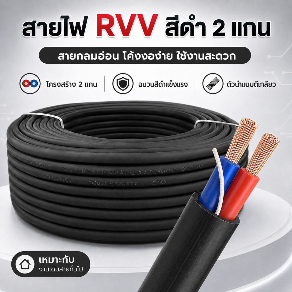 สายไฟ RVV สีดำ 2 แกน สายกลมยืดหยุ่น ทนน้ำกันชื้น ขนาดสองจุดห้า สี่ หกตรมม ใช้งานบ้านและงานช่าง