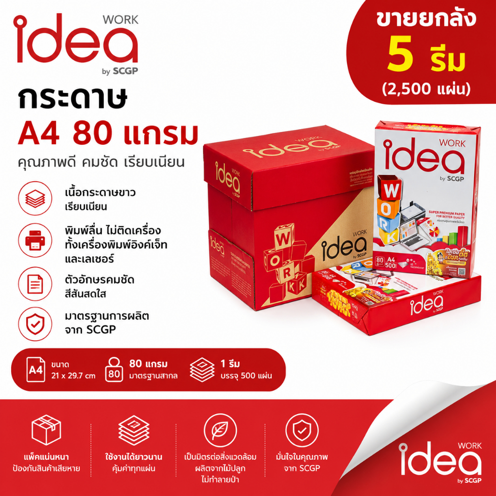 -ส่งฟรี- กระดาษ กระดาษถ่ายเอกสาร ขนาด A4 80 แกรม IDEA Work ขายยกลัง (5 รีม)