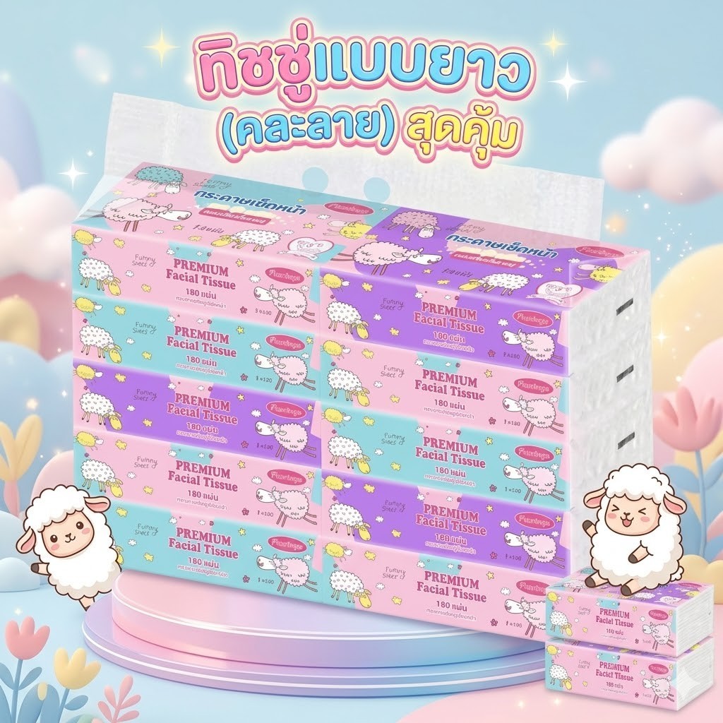 ทิชชู่แบบยาว (1 แพ็ค 10 ห่อกับ5ห่อ) (คละลาย) ทิชชู่เช็ดหน้าคละลาย