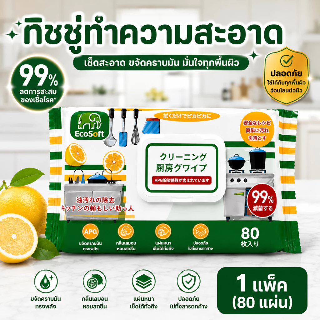 AD159_Shop ทิชชู่เปียกทำความสะอาดห้องครัว EcoSoft (สูตรขจัดคราบไขมัน) 1แพ็ค(ห่อ) 80 แผ่น หนา มีฝาปิด