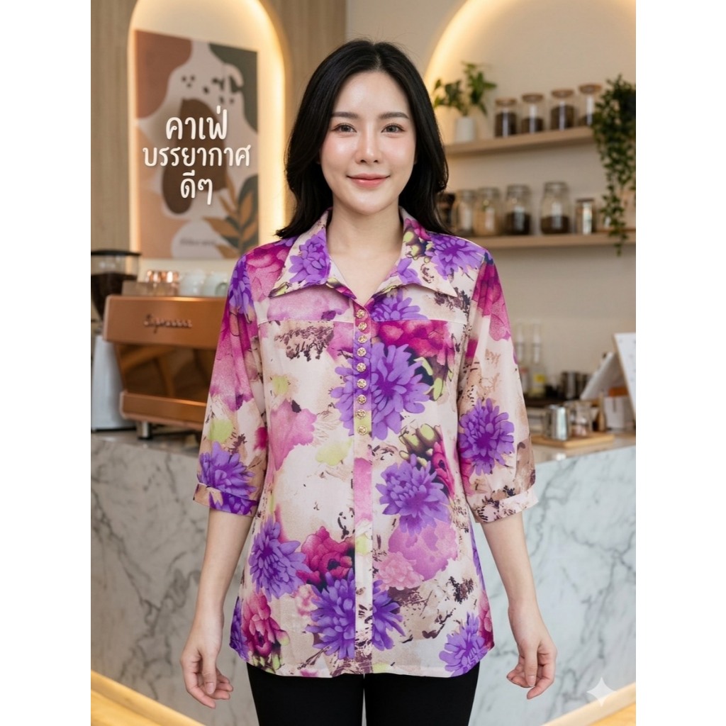 57701เสื้อยืดผ้าเกาหลี คอปก ฟรีไฃส์34''-44''เสื้อยืดพิมลายดอก แขนสามส่วน แบบสวม เนื้อผ้านิ่มสวมใส่สบาย