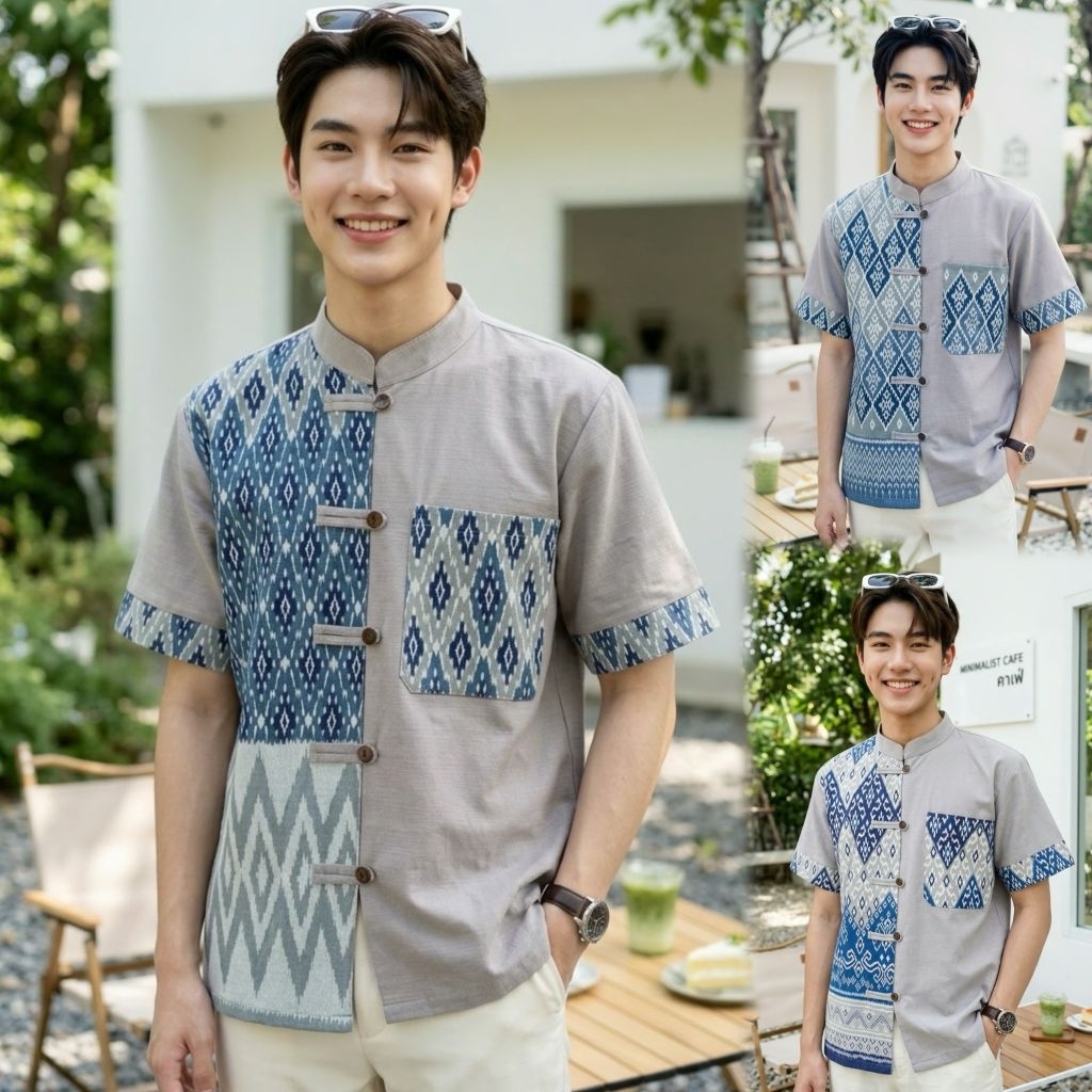 เสื้อพื้นเมืองผู้ชายคอจีน ทูโทน รุ่น วิจิตรศิริวาสนา