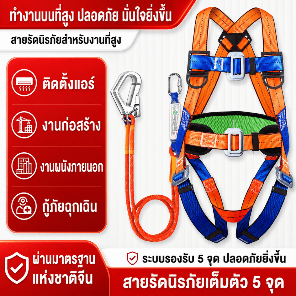 ชุดสายรัดนิรภัยเต็มตัว 5 จุด เชือกเซฟตี้ 2 เมตร ตะขอใหญ่คู่ เข็มขัดกันตก เหมาะกับงานที่สูง ก่อสร้าง แอร์ กู้ภัย
