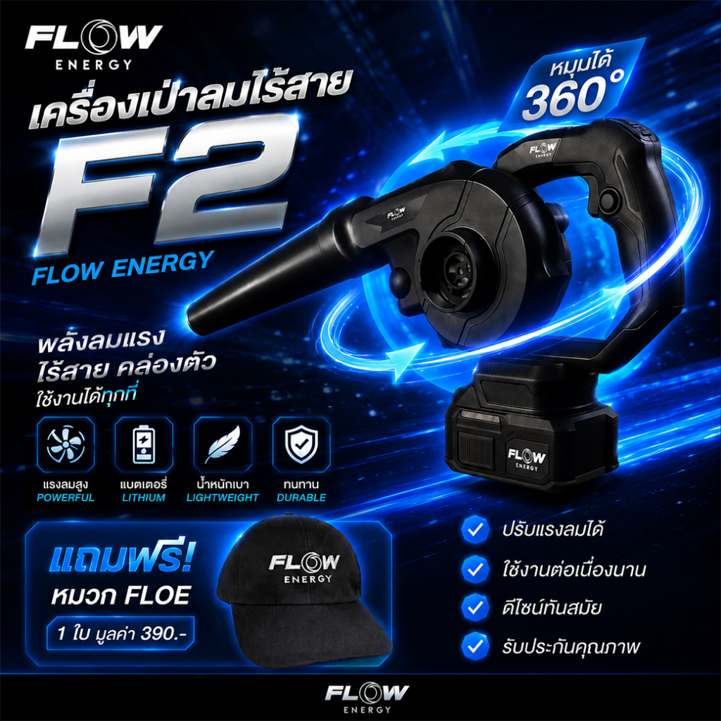 เครื่องเป่าลมไร้สาย รุ่น F2 FLOW ENERGY หมุนได้ 360 องศา : โอเคอะไหล่แอร์
