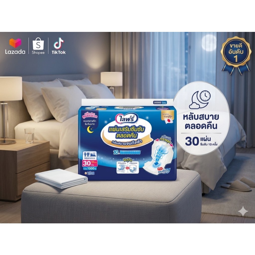 Lifree ไลฟ์รี่ แผ่นเสริมซึมซับตลอดคืน ซึมซับ 1,000 ซีซี จำนวน 30 ชิ้น