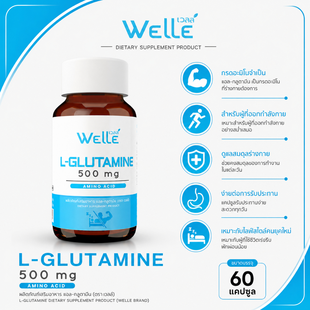 (ถูกสุด 60 แคปซูล) แอลกลูตามีน  เวลล์ หลับสบาย เช้าสดชื่น Welle L-Glutamine เสริมและซ่อมกล้ามเนื้อ