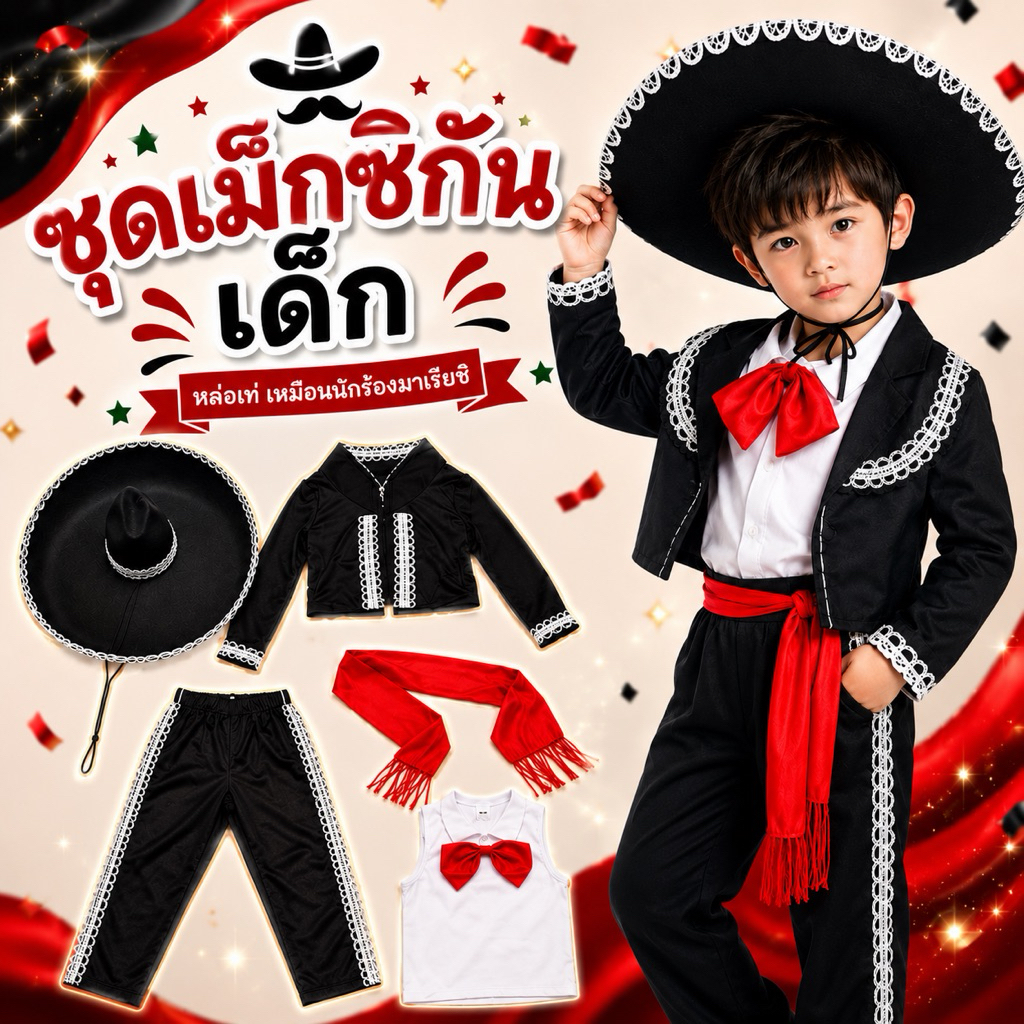ชุดนานาชาติ ชุดเม็กซิกันเด็ก พร้อมหมวกแบบใหญ่อลัง (FANCY272)