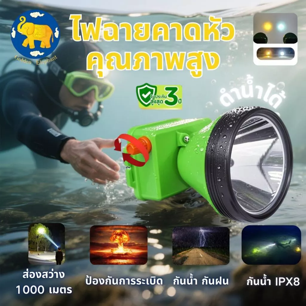 ไฟฉายคาดหัว LED ความสว่างสูง กันน้ำระดับIPX8 ดำน้ำได้ แบตใช้ยาว พกพาง่าย
