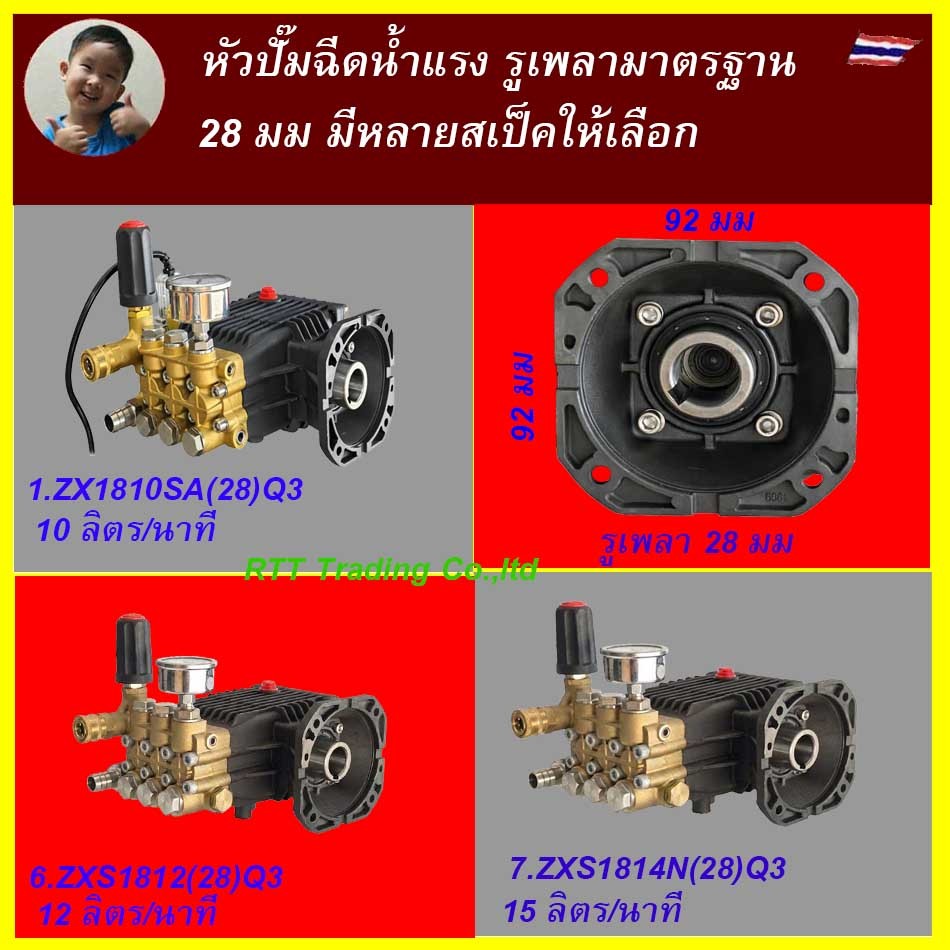 +หัวปั๊มฉีดน้ำแรงดันสูงสำหรับประกอบมอเตอร์ 1450 รอบ/นาที รูเพลา 28 มม รูยึดหน้าแปลน 92 มม ZX1810 ZX1812 ZX1814
