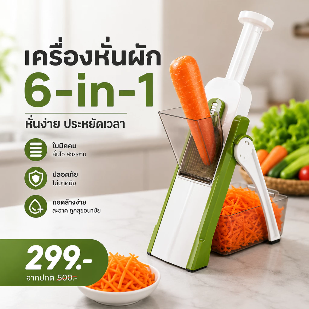 เครื่องหั่นผัก 6in1 พับได้ อเนกประสงค์ ขูดมันฝรั่ง สไลด์ผัก ต้านเชื้อแบคทีเรีย ปลอดภัย ใช้งานง่าย ประหยัดเวลา ครัวเรือน