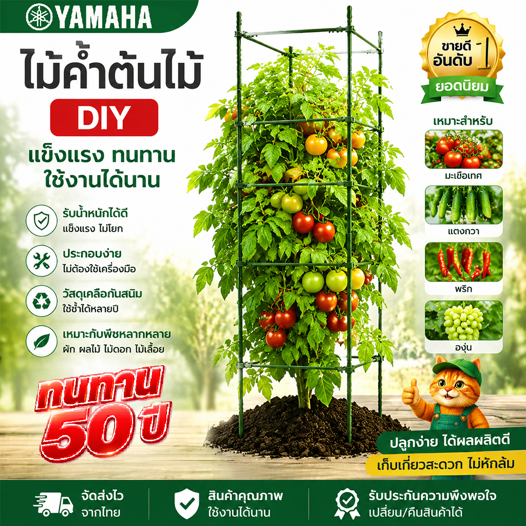 YAMAHA ไม้ค้ำต้นไม้ DIY เสามะเขือเทศ ซุ้มไม้ ยาว 90-150 ซม. หนา11มม. โครงปลูกผัก เหล็กเคลือบพลาส ซุ้มไม้เลื้อย