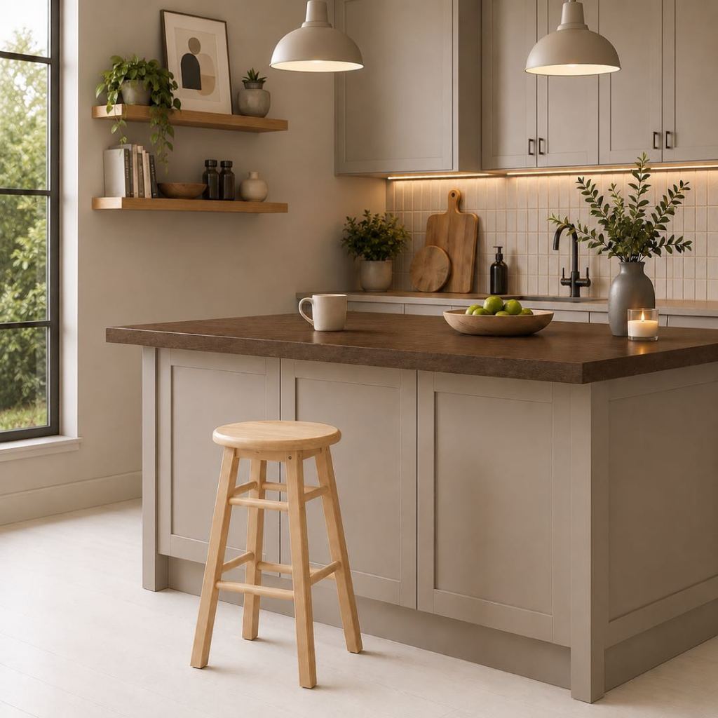 PJ wood เก้าอี้บาร์ไม้มีพนักพิง เก้าอี้สตูลสูงไม้แท้ Rubberwood Barstool with Backrest