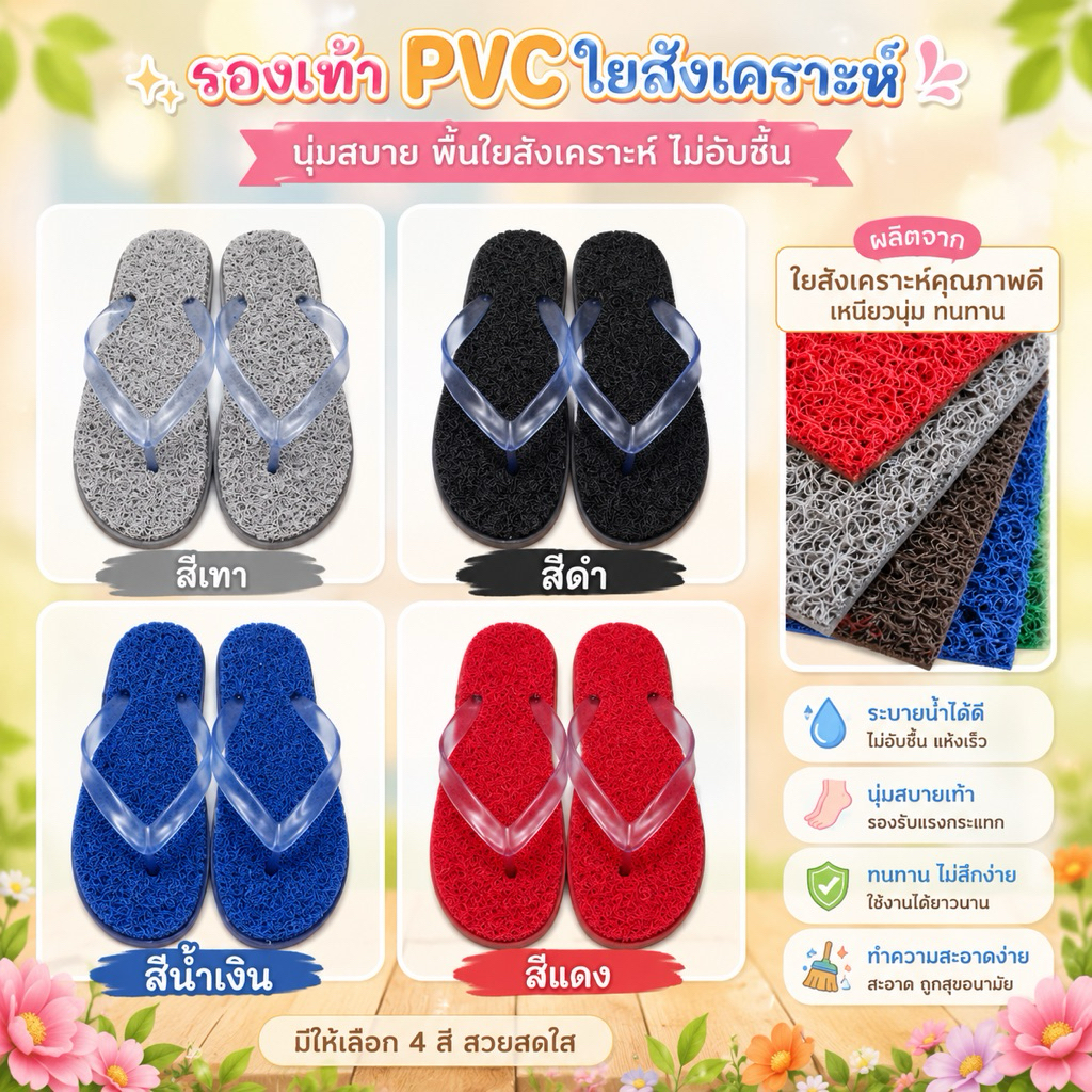 รองเท้าหูหนีบพื้นPVCใยสังเคราะห์3M สามารถเลื่อนภาพดูไซส์ได้นุ่มสบายเท้า ไม่อับชื้น ระบายน้ำได้ดี ทนทานไม่สึกง่าย