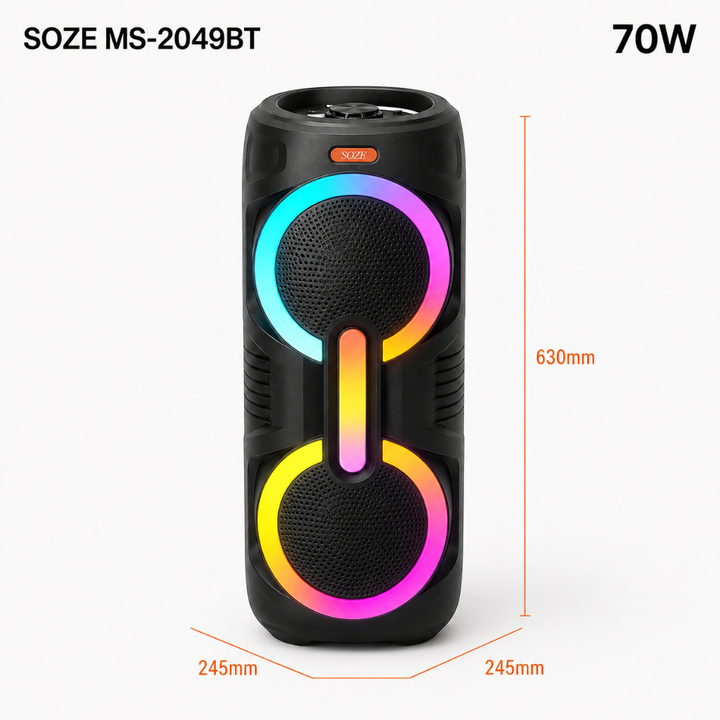 Soze ลำโพงปาร์ตี้70W ดอก8นิ้วคู่ RGB Light รองรับไมค์/TWS/USB/FM แบต3000mAh ใช้4-8ชั่วโมง