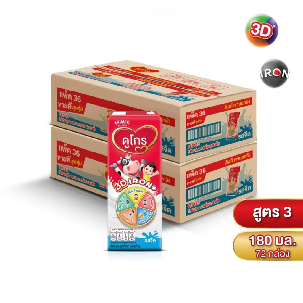 นมกล่อง ยกลังx4ลัง นมยูเอชที ดูเม็กซ์ ดูโกร รสจืด 180 มล  (144กล่อง) UHT Dumex Dugro นมดูโกร