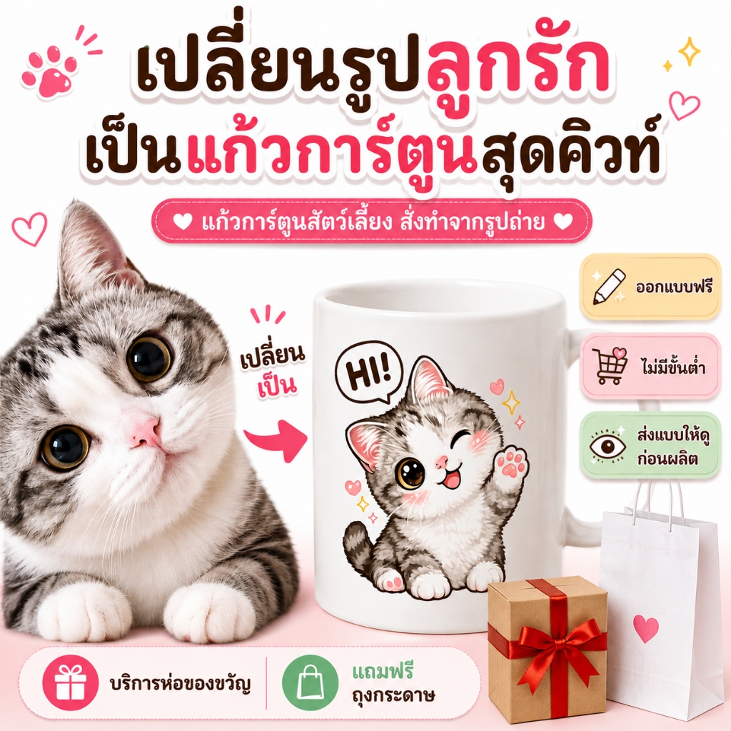 แก้วการ์ตูนสัตว์เลี้ยง สั่งทำจากรูปถ่าย แก้วรูปน้องหมา น้องแมว ของขวัญทาสหมา ทาสแมว ออกแบบฟรี