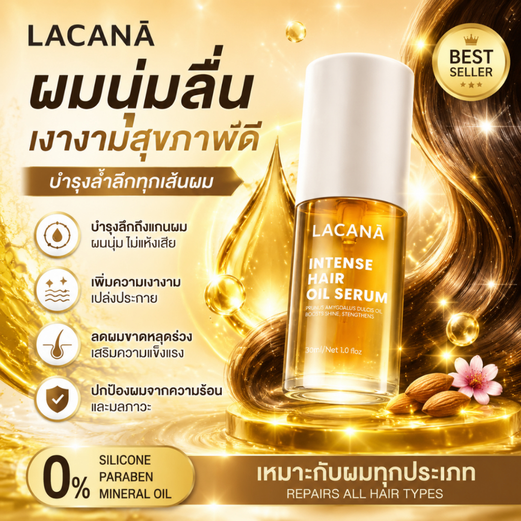 น้ำมันบำรุงผม Lacona เนื้อบางเบา มอบความเงางามให้ผมถึง 3 ระดับ!! ปกป้องเส้นผมจากความร้อน (30 มล.)