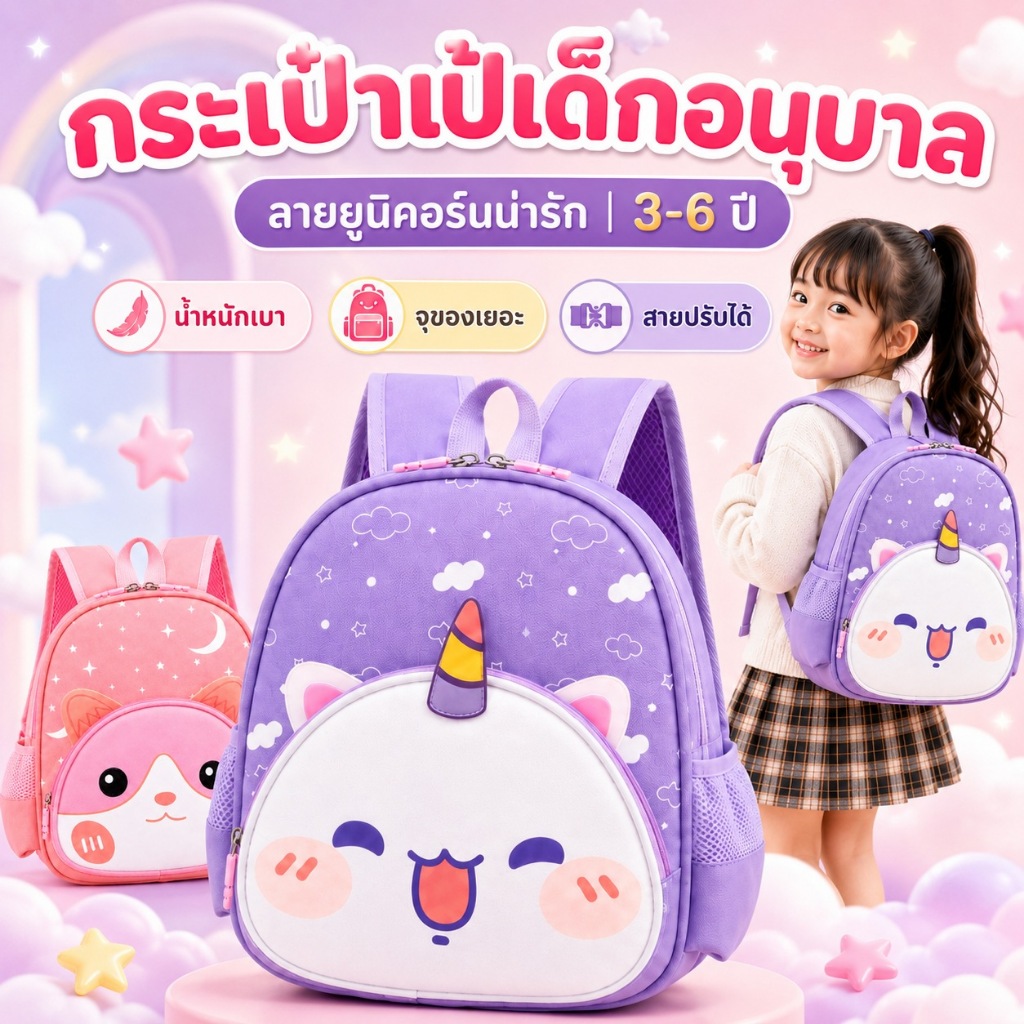 KiKi พร้อมส่ง กระเป๋าเป้เด็กอนุบาล ลายสัตว์น่ารัก กระเป๋านักเรียนเด็ก เบา จุของเยอะ 3-6 ปี