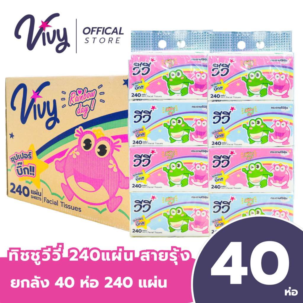 ยกลัง กระดาษทิชชู่เช็ดหน้าวีวี่ Vivy 240แผ่น Rainbow Day 10แพ็ค แพ็ํคละ4ห่อ รวม40 ห่อ ห่อละ240แผ่นคู่