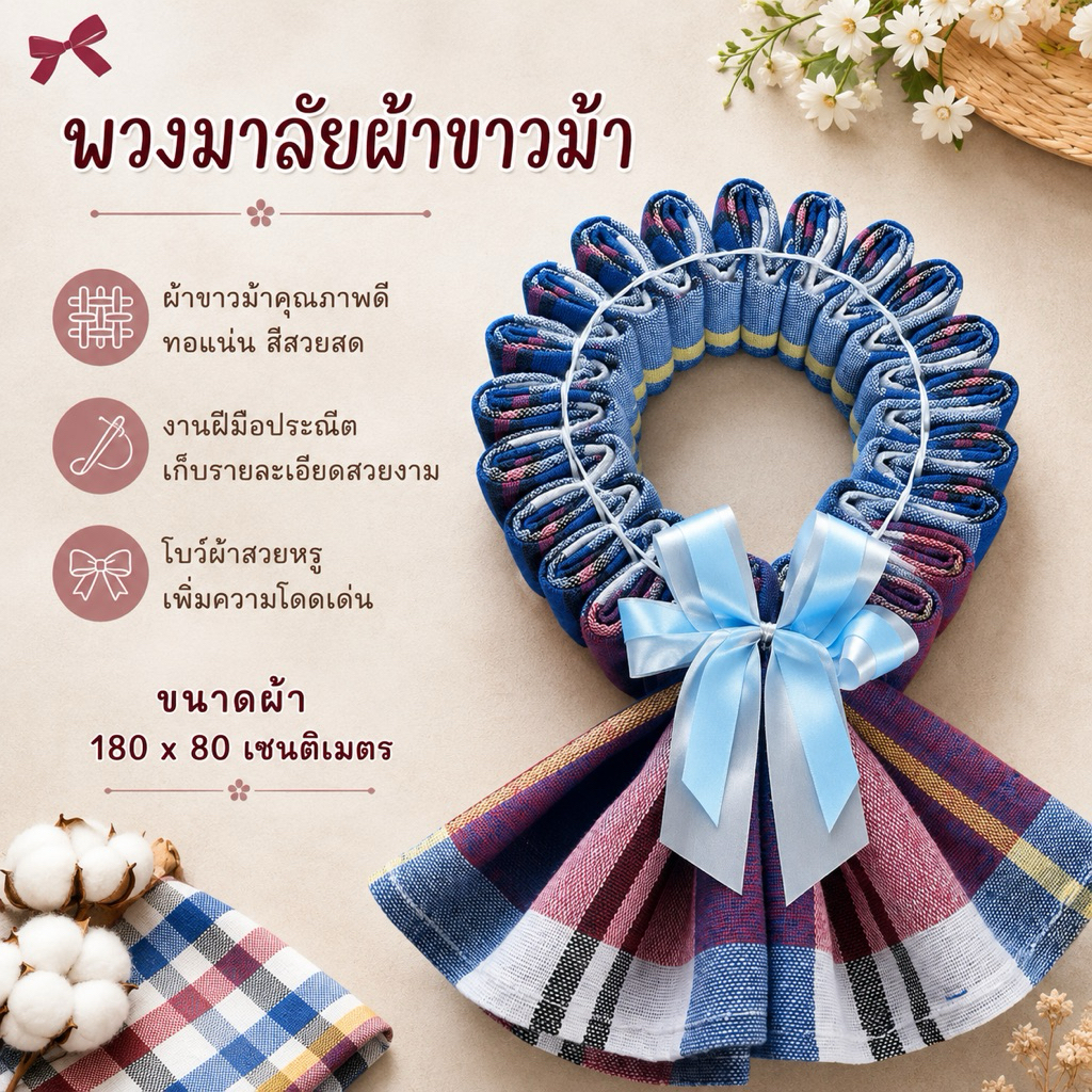 🌸พวงมาลัยผ้าขาวม้า ของฝากของรับไหว้จัดผูกโบว์ใส่ถุงแก้ว (ขนาดผ้า 180*80ซม)