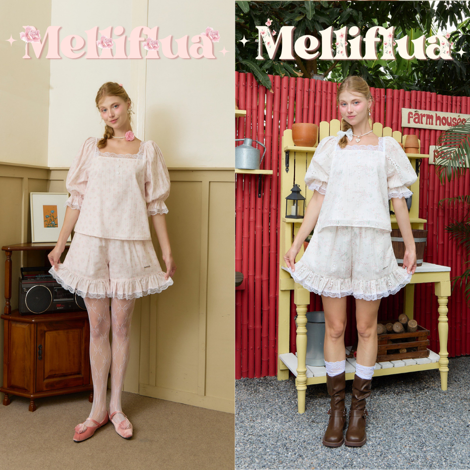 SOULMATE MELLIFLUA #SM7151 เซท 2 ชิ้น เสื้อแขนสั้น+กางเกงขาสั้นเอวสม็อค ลายดอกไม้แต่งฉลุ กุ๊นขอบลูกไม้