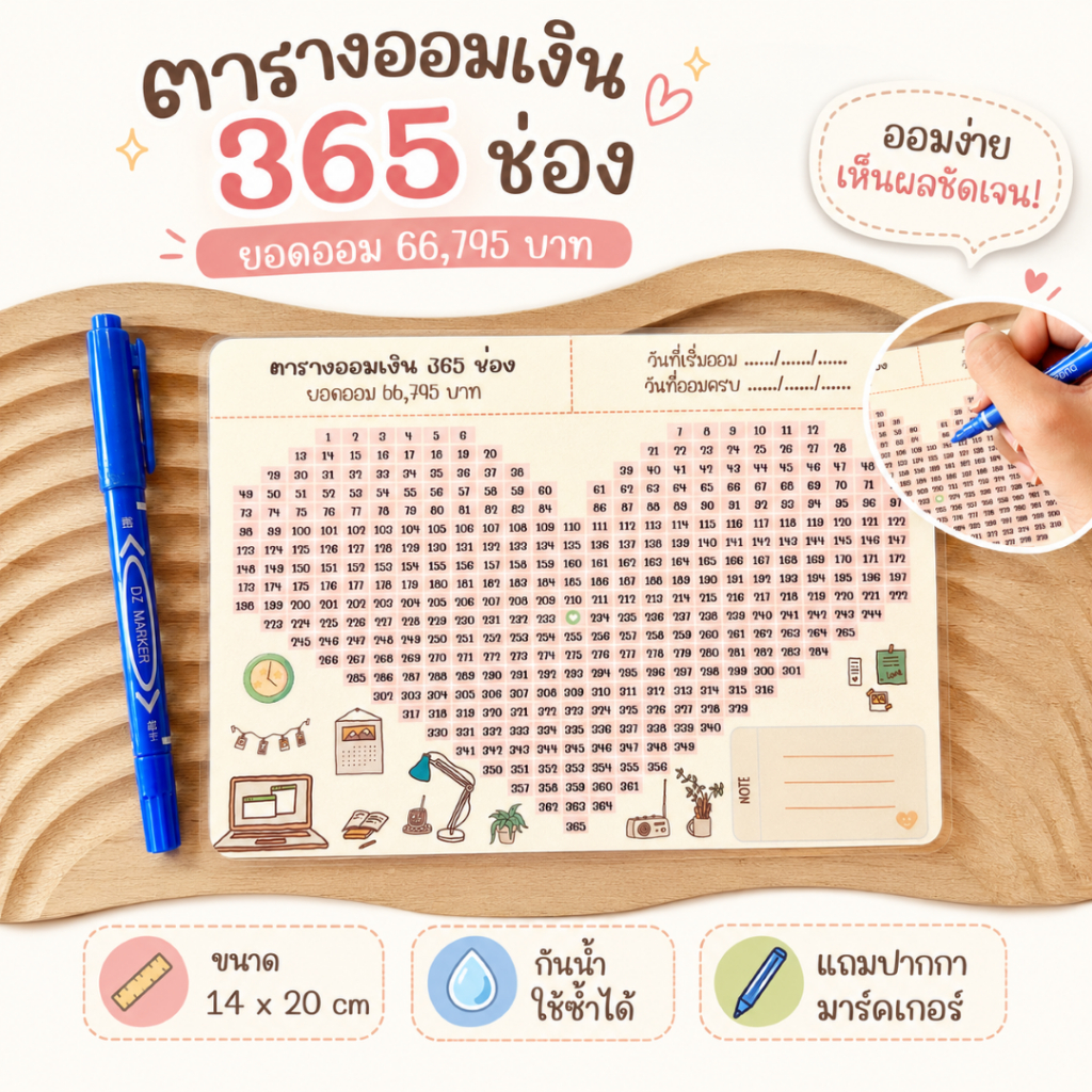 แผ่นตารางออมเงิน 365 ช่อง ขนาด A5 เขียนแล้วลบได้ ใช้ซ้ำได้ตลอด ชาเลนจ์เก็บเงิน 1 ปี แถมปากกามาร์คเกอร์
