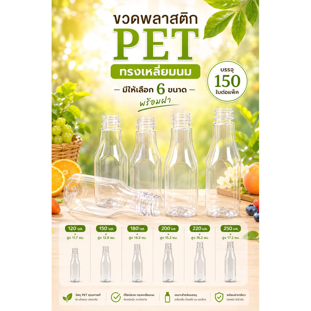 แพ็คใหญ่ (150 ใบ) ขวดพลาสติก PET ทรงเหลี่ยมนม