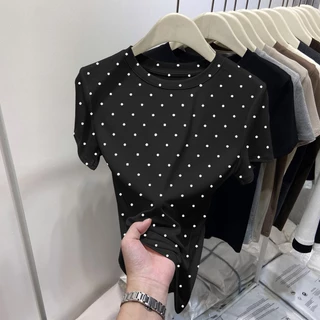 UM M-3XL ไหล่ผู้หญิง ลายจุด สไตล์เกาหลี ดีไซน์สุดคลาสสิก แขนสั้นเสื้อยืด สายรัด ฤดูร้อน ทุกโอกาส เกาหลี หญิง สาว ฮอต