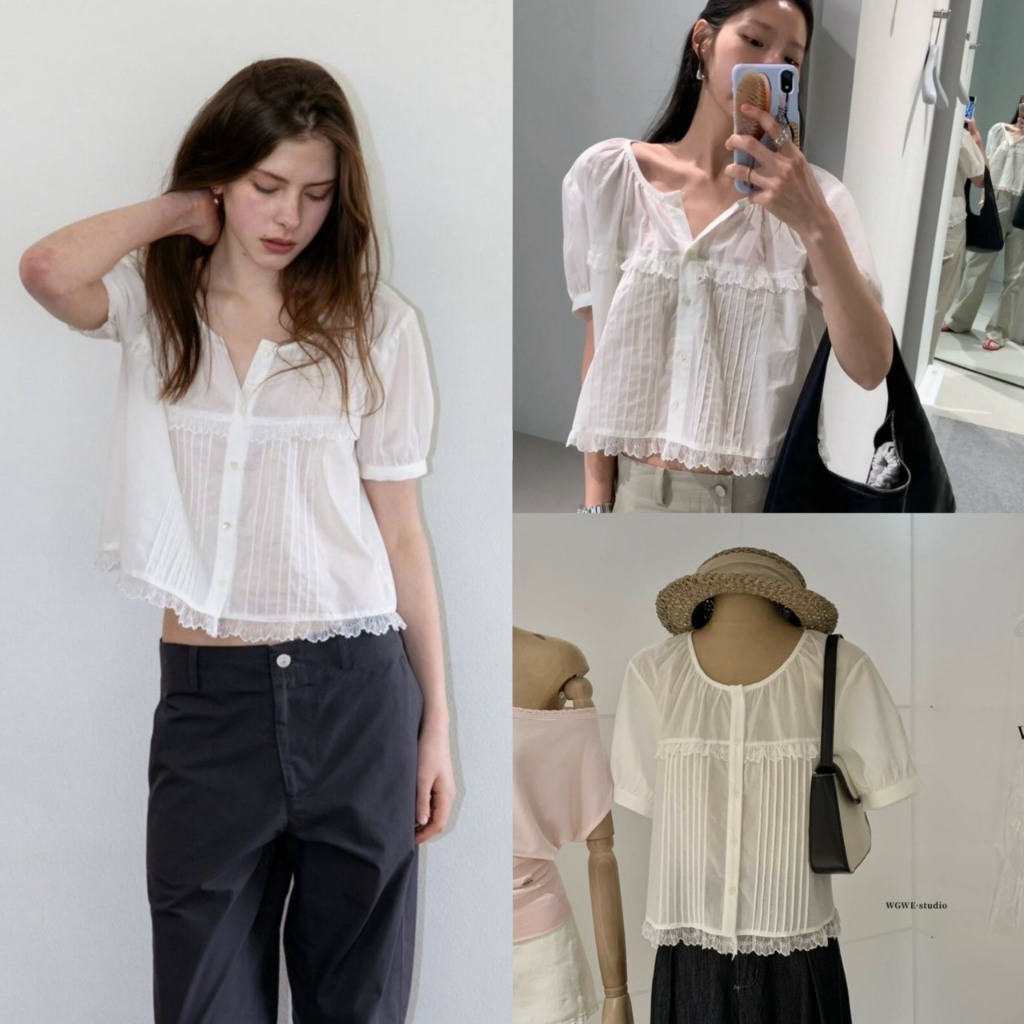 (พร้อมส่ง) ELLE TOP เสื้อแขนสั้นผ้าฉลุลูกไม้ชายเสื้อ - 9905 TAG WG.WE 🇰🇷