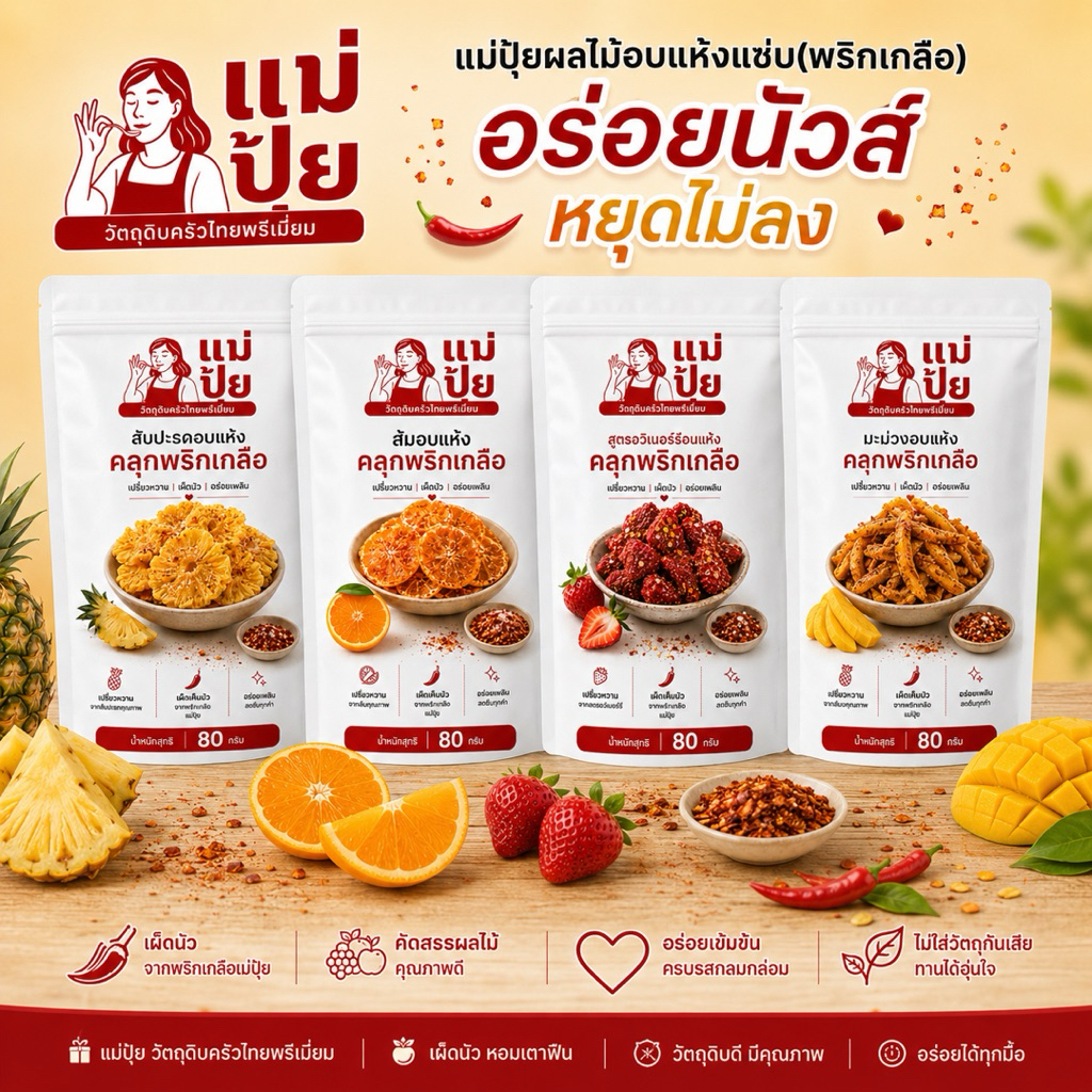 🔥ผลไม้อบแห้งพริกเกลือแซ่บแม่ปุ้ย คลุกพริกป่นคั่วเตาฟืนสูตรแม่ปุ้ย
