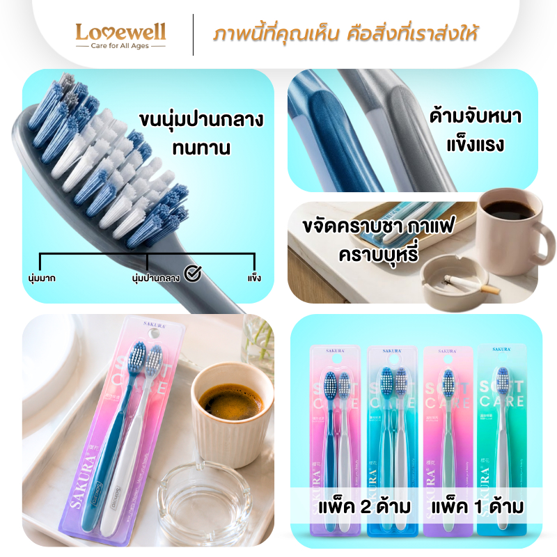 แปรงสีฟันขจัดคราบชา กาแฟ คราบบุหรี่ ขนนุ่มปานกลาง ทนทาน ด้ามจับหนา จับถนัดมือ แพ็คคู 2 ชิ้น