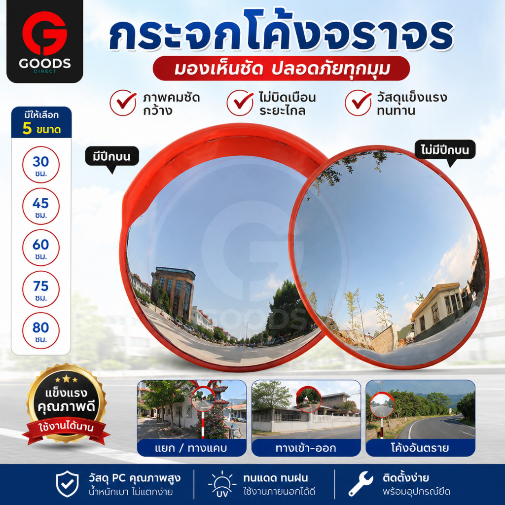 กระจกโค้งจราจร กระจกจราจร  กระจกนูน โพลีคาร์บอเนต ยุบตัวได้ไม่แตก แบบมีปีก และ ไม่มีปีก ติดผนัง ติดเสา มองมุมกว้าง