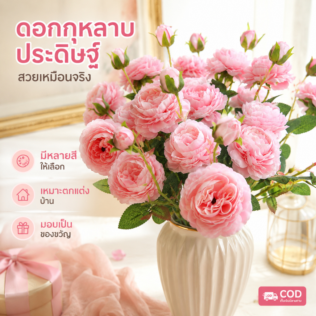 ดอกโบตั๋นประดิษฐ์ก้านสั้น 6 สี ดอกไม้ปลอมสมจริง สำหรับจัดแจกัน ตกแต่งบ้าน DIY งานแต่งงาน